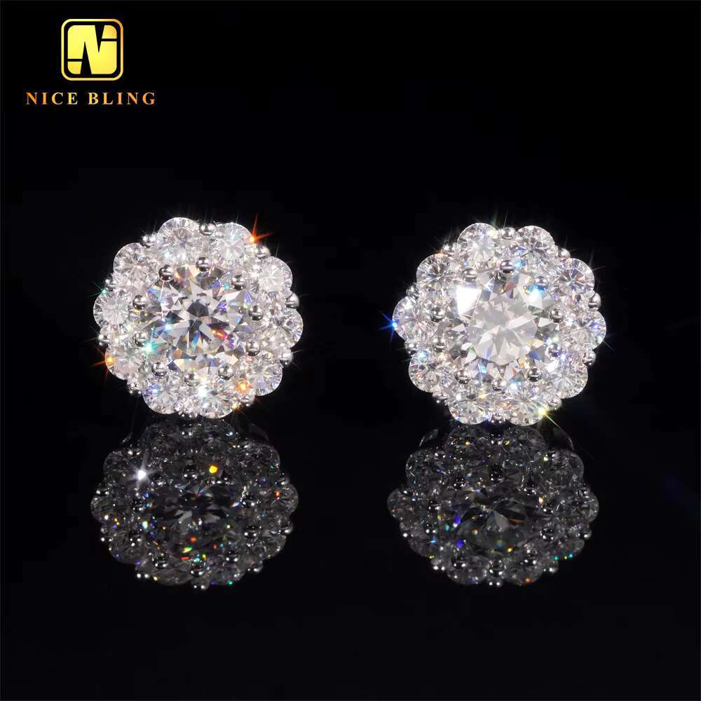 New Arrival Hip Hop Design VVS Diamond 925 Sterling Silver Cluster Moissanite Stud Earrings