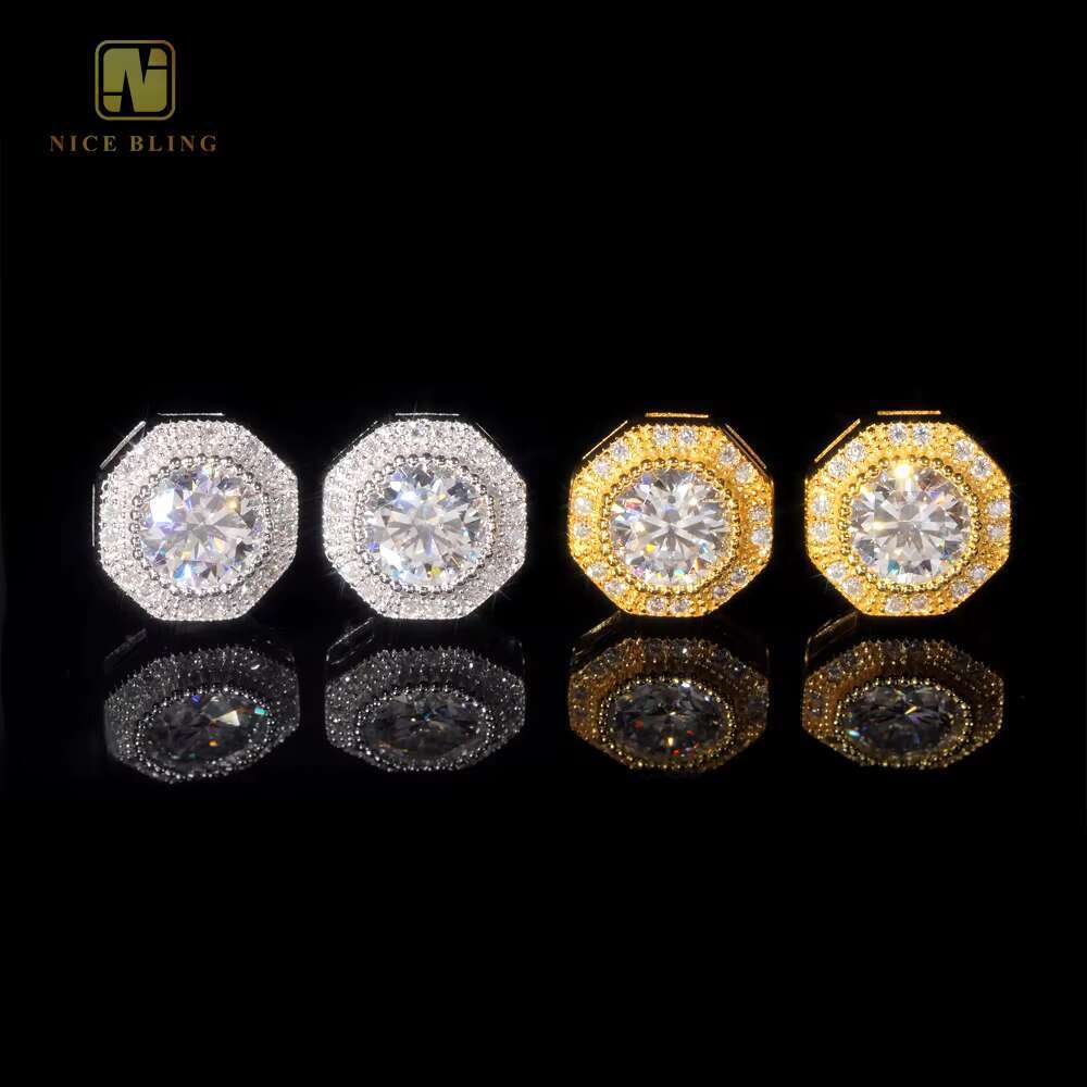 Full Iced Out Ear Studs Hip Hop Jewelry Women Gold Plated 925 Sterling Silver VVS Moissanite Diamond Stud Earring for Women