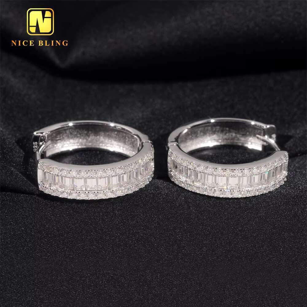 New Trend GRA Certificate New Style Iced Out Baguette Diamond 925 Sterling Silver Hip Hop Moissanite Hoop Earrings