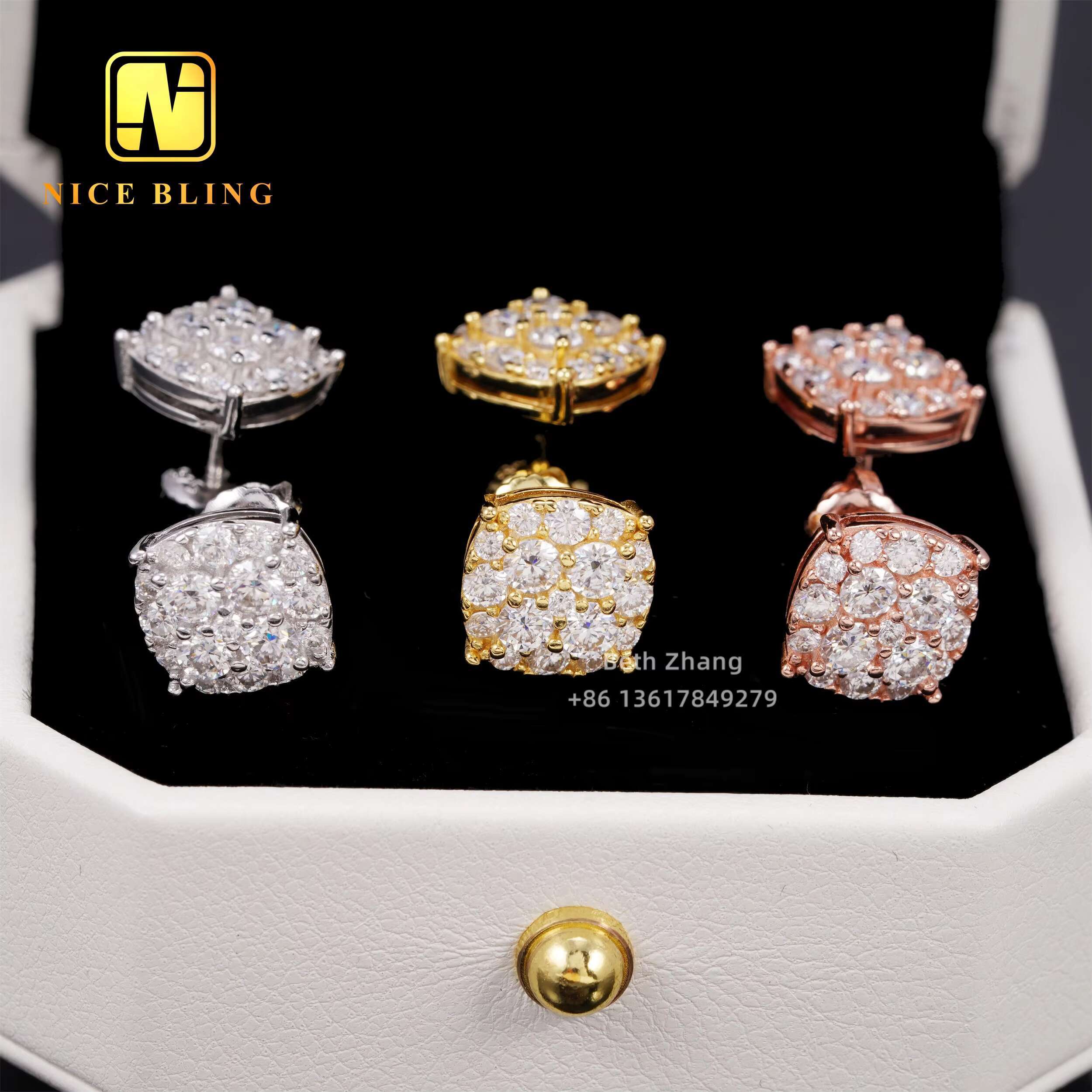 18K Gold Plated Hip Hop Jewelry Earrings Screw Back Sterling Silver Moissanite Diamond Ear Studs for Men Women