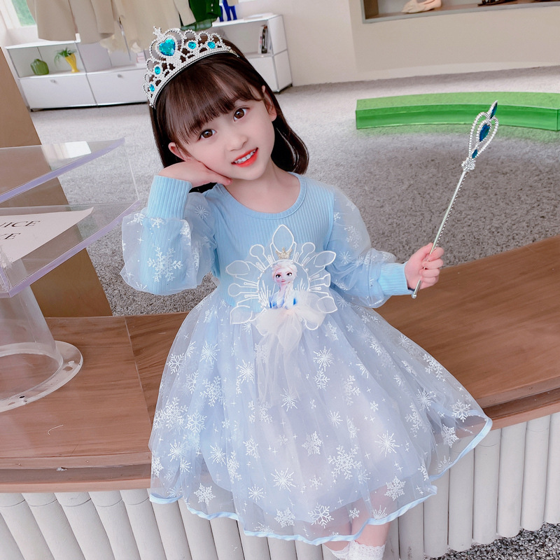 DISNEY Frozen Princess Elsa dress kids designer clothes Princess Girls' Autumn Long Sleeve Girls' Net Satin clothes