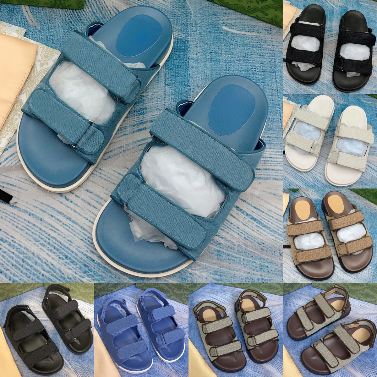 Designer Sandals Womens Velcro Canvas Slides Adjustable Band Open Toe Slippers Breathable Versatile Casual Sandal Eu 3542