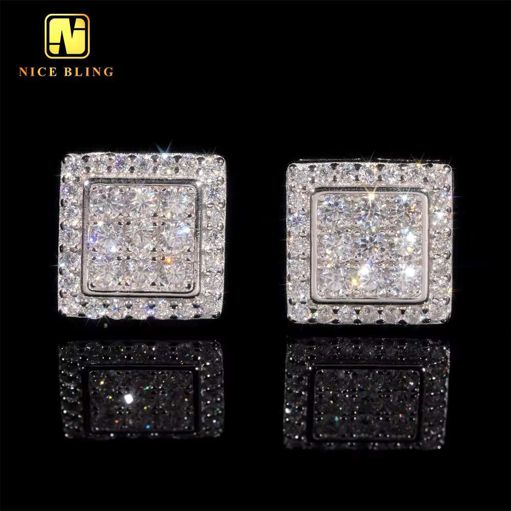 Wholesale Price GRA Certificates 925 Silver Hip Hop Ear Stud Square Shape VVS Moissanite Stud Earrings