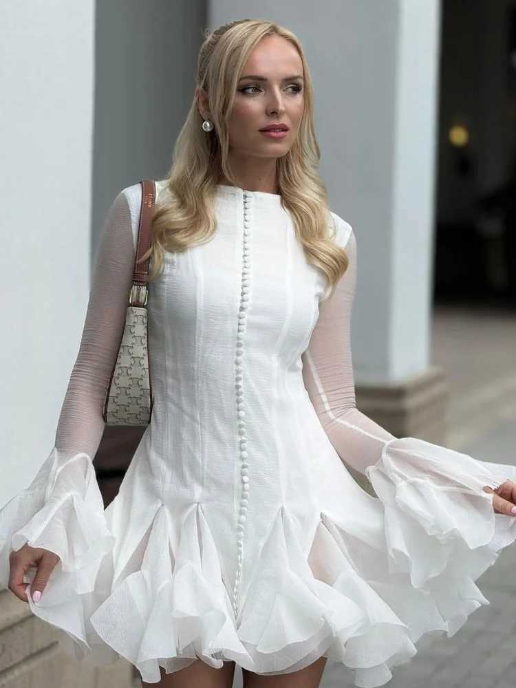 Fashionable ruffled edge single chest womens fashion long lantern sleeves high waisted mini dress 2025 new office womens dressXJ250504