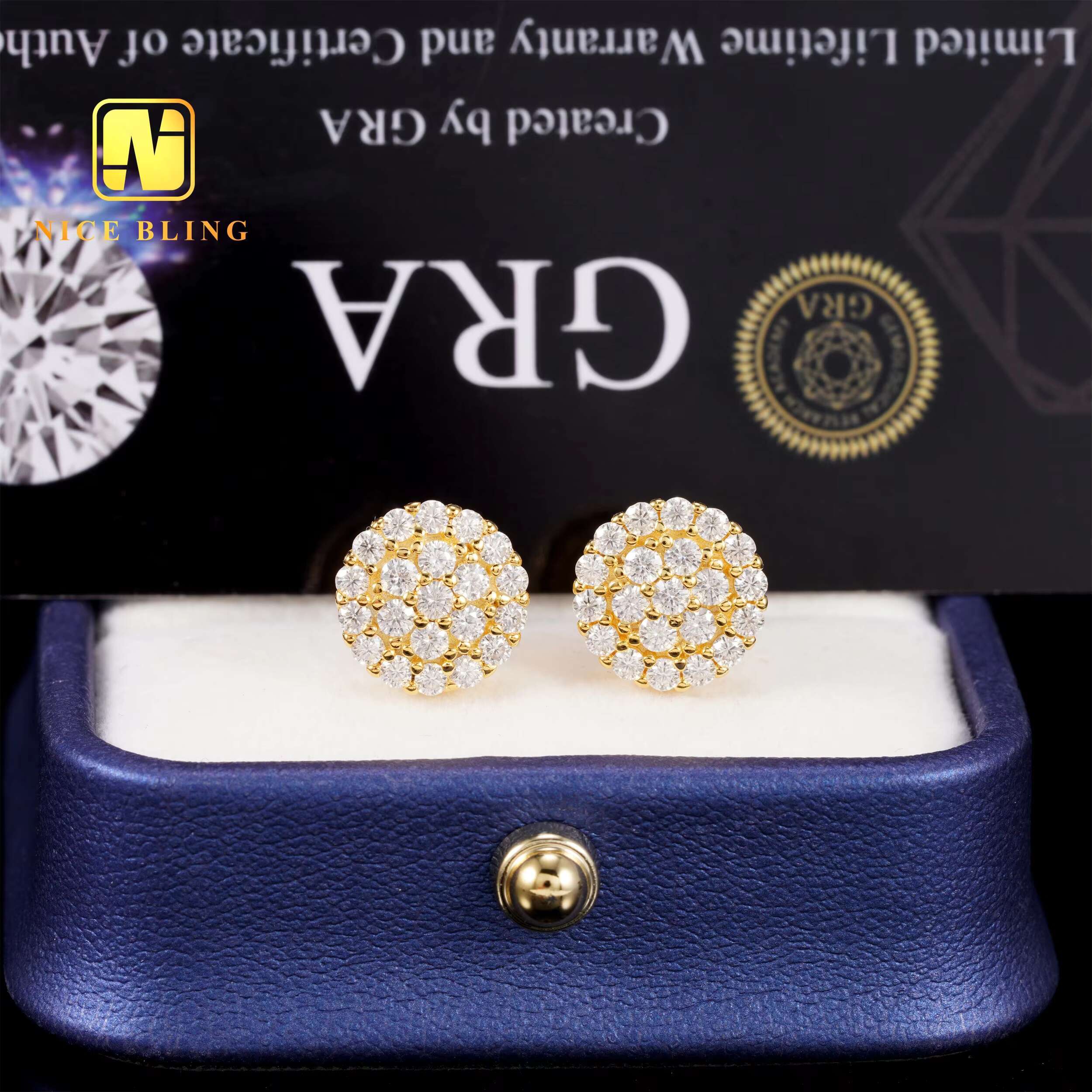 10MM Hip Hop Earrings Iced Out Jewelry Unisex Moissanite Diamond Cluster Ear Studs for Men Women 925 Silver