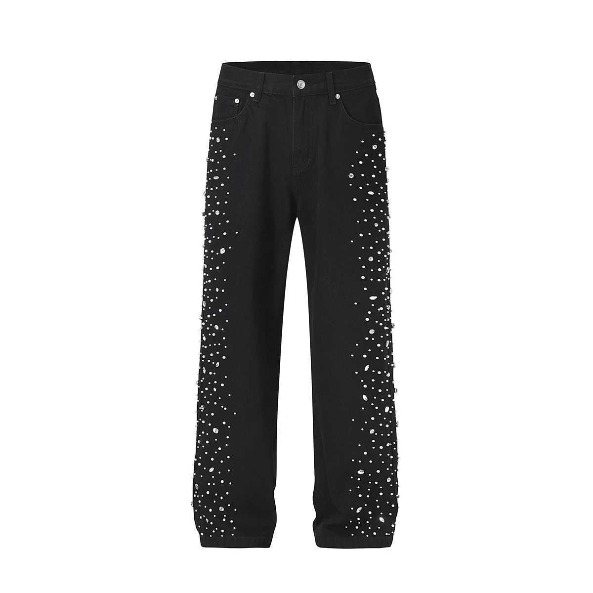 Full rhinestone bead mens pocket jeans black hot pea denim streetwear Harajuku straight loose cargo pants Z250505