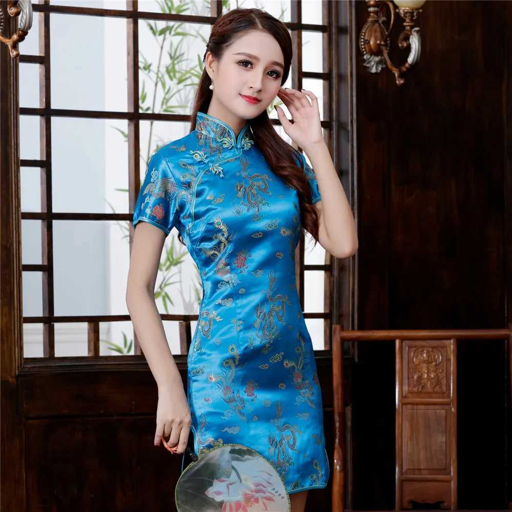 Sexy Glod Chinese Womens Dragon Mini Cheongsam Traditional Satin Cheongsam Casual Tank Top Dress S M L XL XXL 4XL 5XL 6XLXJ250504
