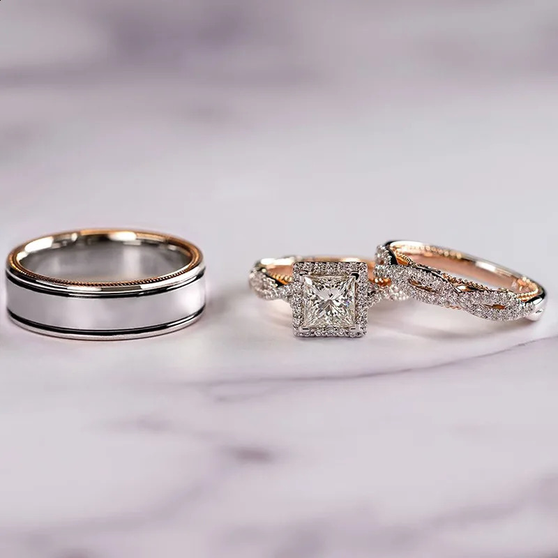 14K Gold Vintage 3-in-1 Promise Ring Set Lab Diamond Engagement Wedding Band Rings for Women Men Party Jewelry 250509