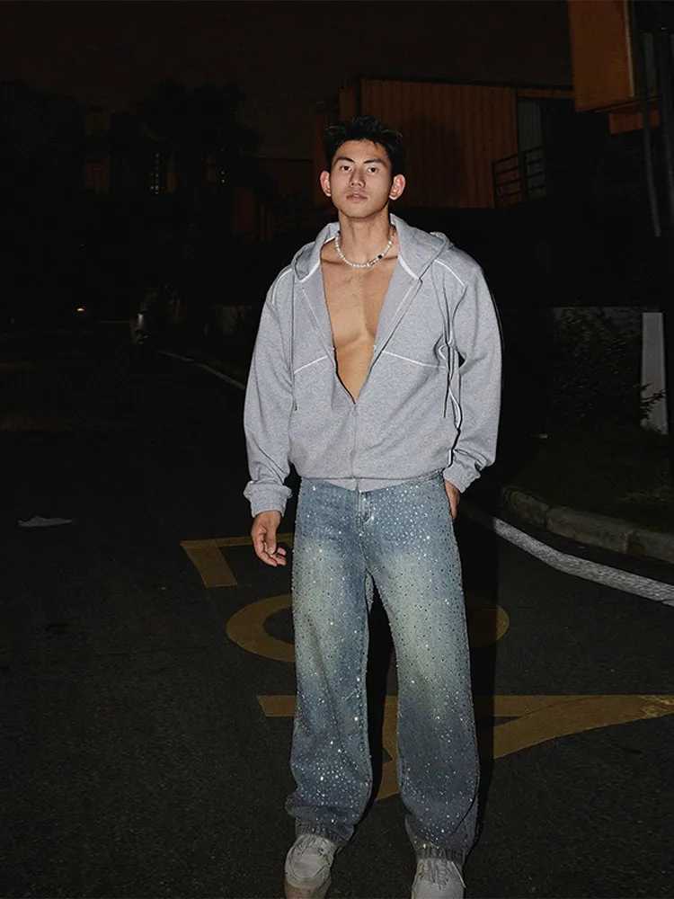 mens waisted sparkling rhinestone denim jeans fashionable straight leg pants Z250505