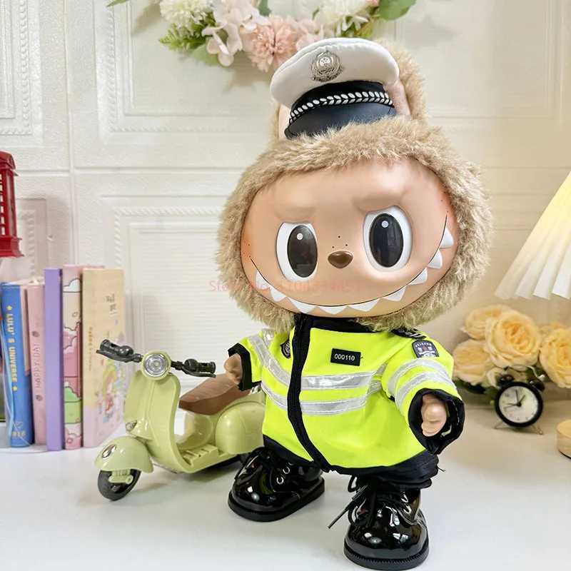 Free shipping 38cm Monster Labubu Plush Traffic Police Transport Uniform Set Cool Cute Doll Clothing Accessories
