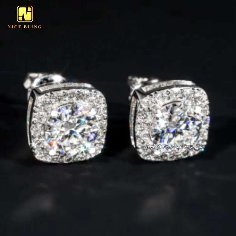 Square Halo Earrings VVS Moissanite Diamond Studs 925 Silver Hip Hop Jewelry Pass Diamond Tester Engagement Earrings for Men