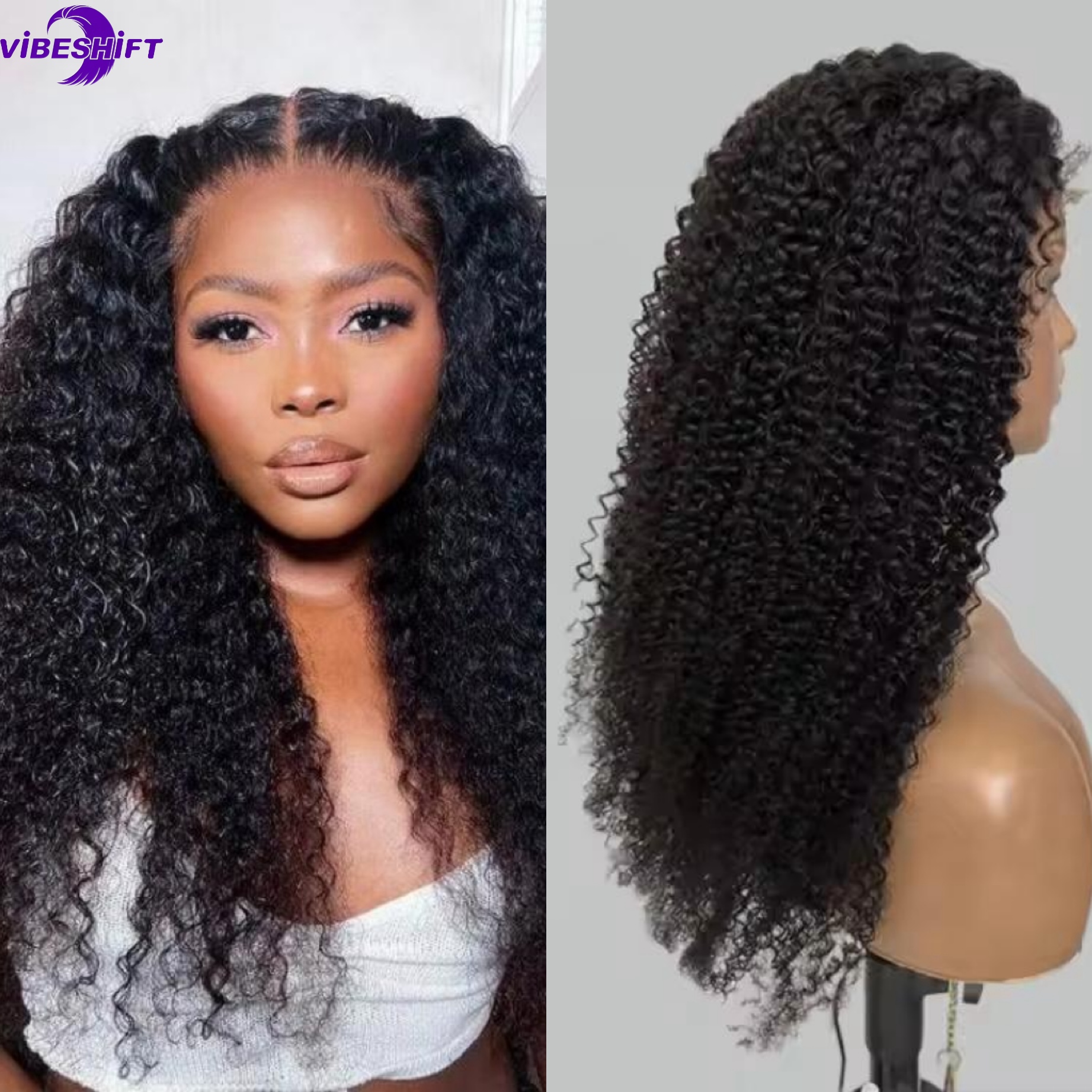 ViBESHiFT 16-34 inch Jerry Curly Wigs Raw Human Hair Transparent Lace Front Wigs 200% Density Frontal wigs Brazilian Virgin Hair