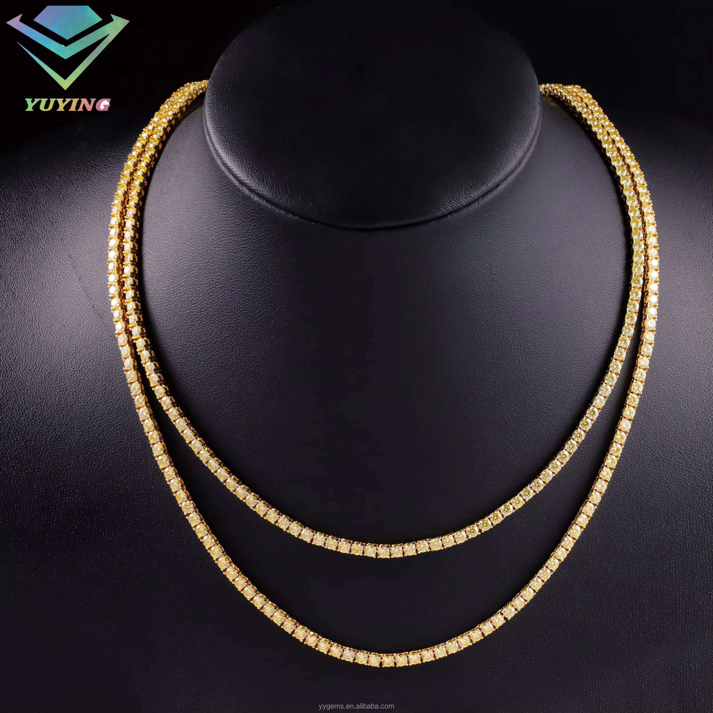 Wholesale Price 2mm-6.5mm Pass Diamond Tester Yellow Moissanite Diamond S925 Silver Gold Plated Tennis Chain Necklace
