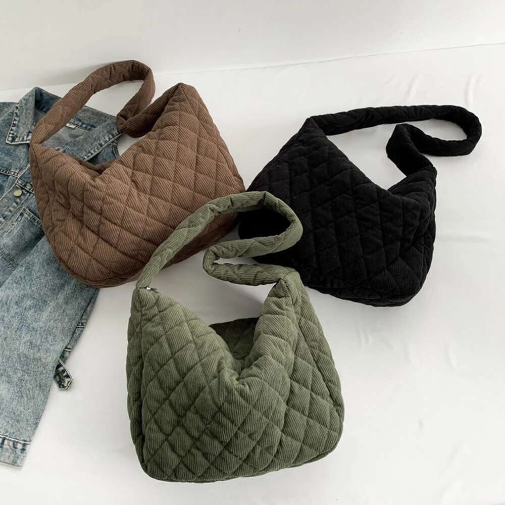 ddmy Stylish Women Underarm Corduroy Quilted Shoulder Trendy Bag Fashion Work Tote Retro Classic Purse Solid Color Handbag