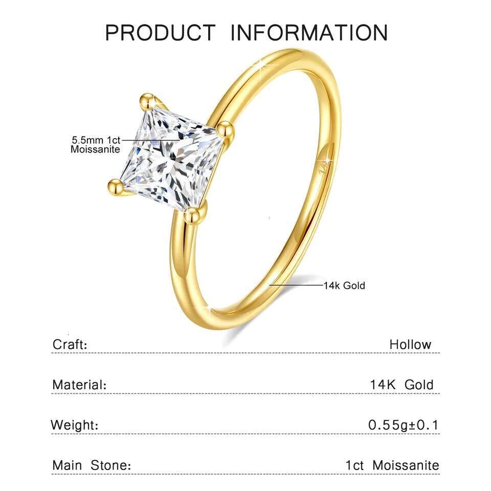 5.5mm Princess Cut 14k Gold Diamond Ring D VVS1 Moissanite Fine Jewelry for Women Wedding Bands Mothers Day Gift Fast Shipping