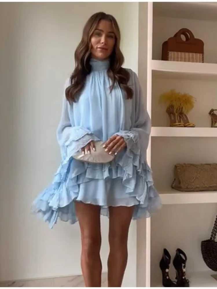 Fashionable blue turtle neck pleated mesh mini dress for women elegant pleated wide Panasonic swing skirt 2025 new street vestXJ250504
