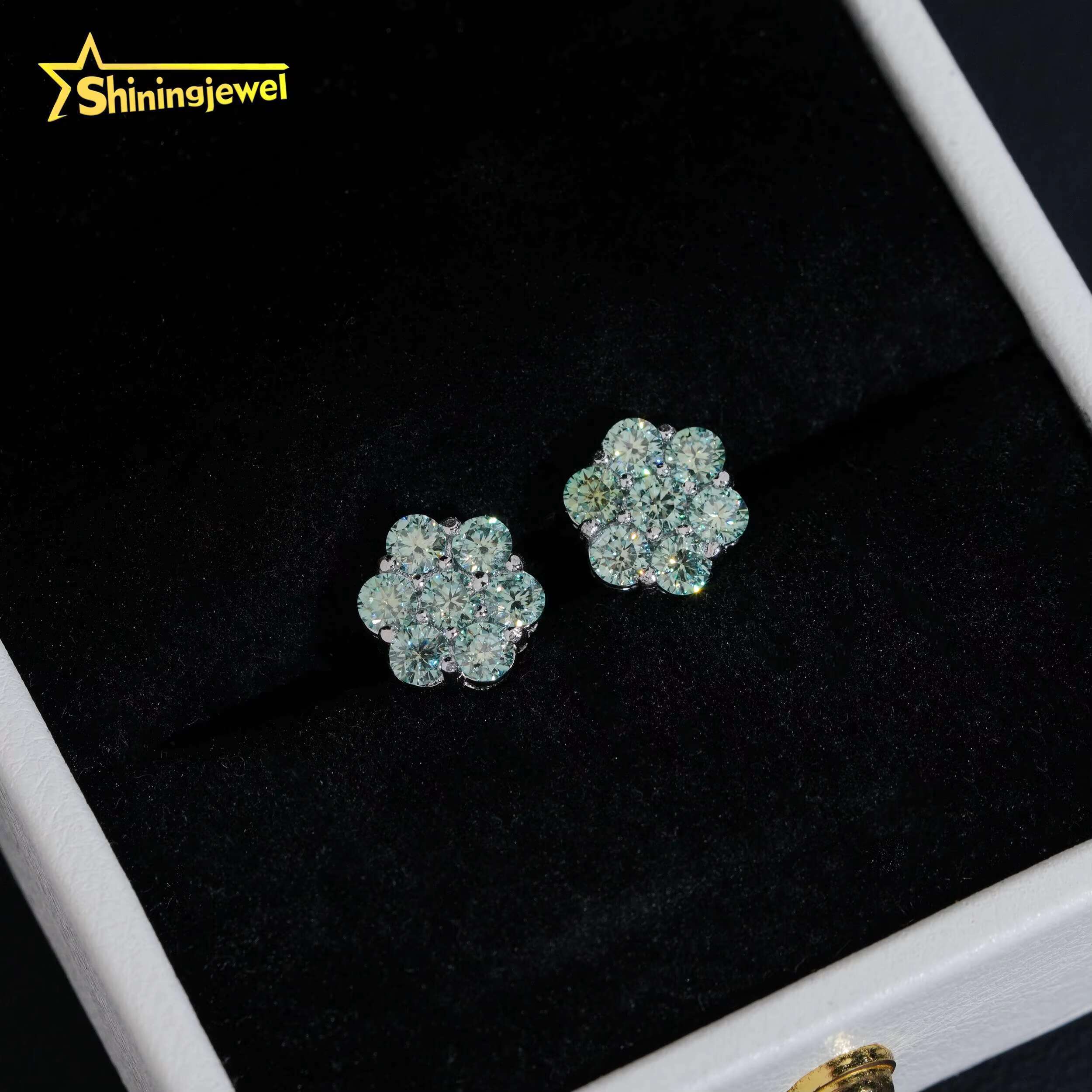 Hot Sale 9mm Blue Green Black Moissanite Flower Stud Earrings Hip Hop 925 Silver Gold Plated Cluster Pass Diamond Tester