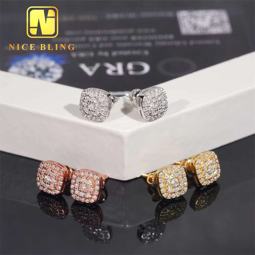 Classic Iced Out Ear Studs 925 Sterling Silver VVS Moissanite Hip Hop Jewelry Stud Earring for Women