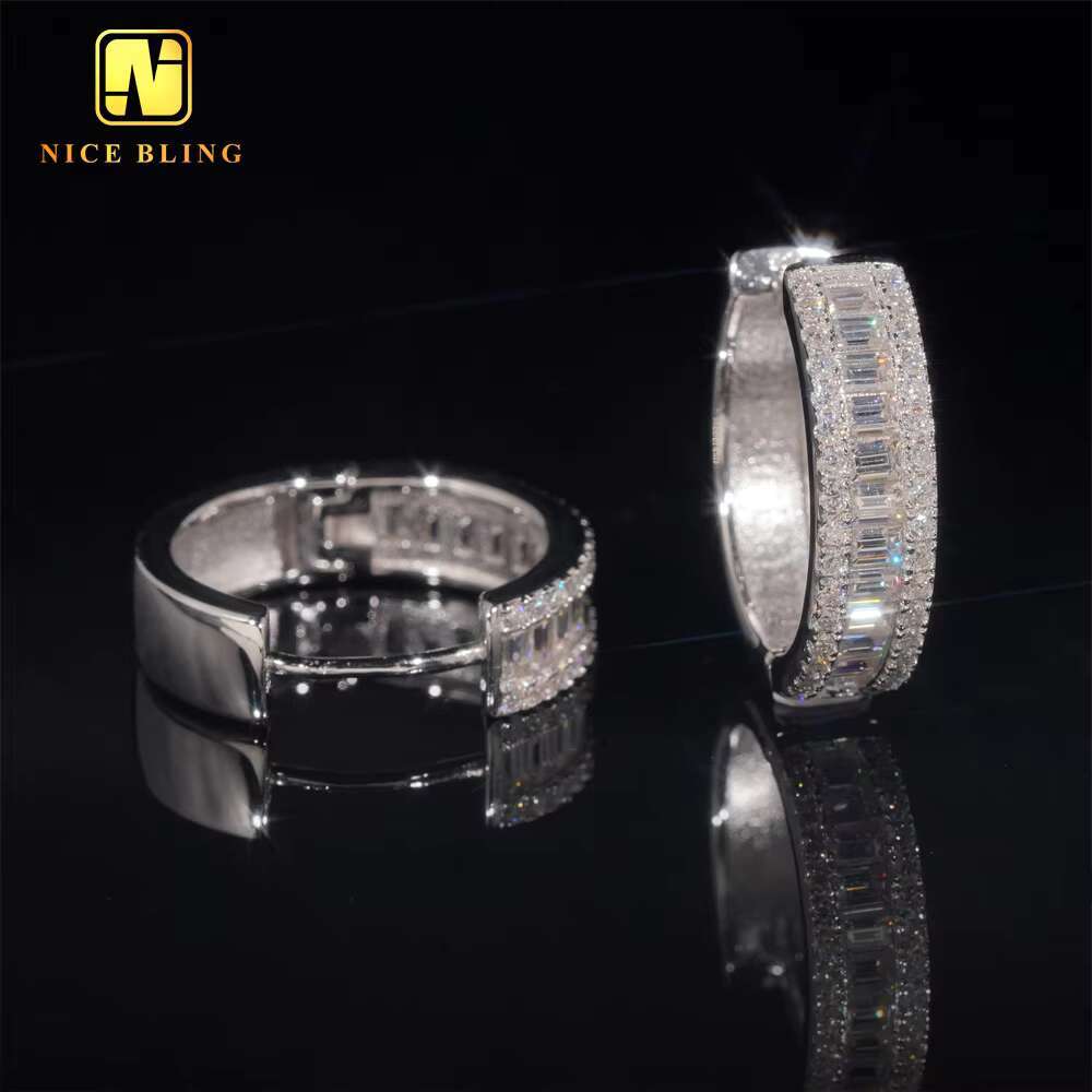 New Trend GRA Certificate New Style Iced Out Baguette Diamond 925 Sterling Silver Hip Hop Moissanite Hoop Earrings