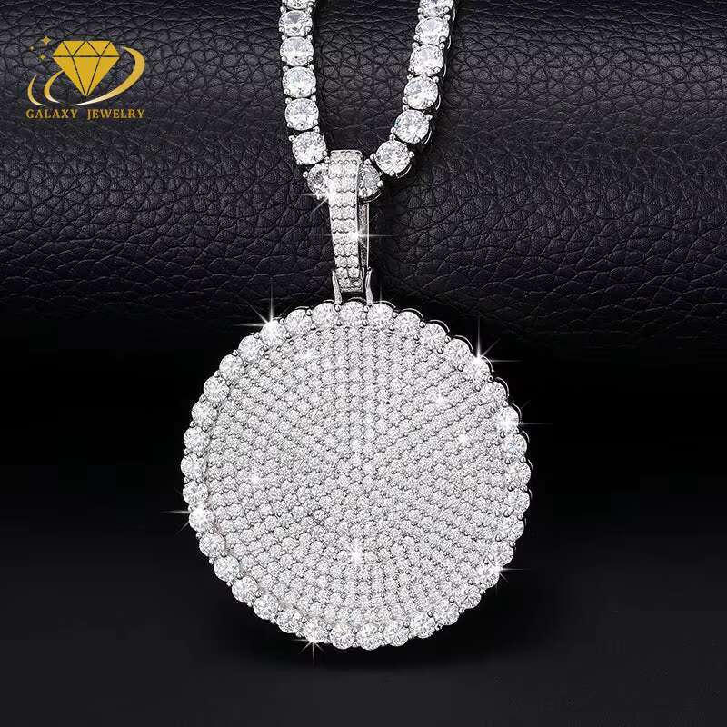 Custom Moissanite Pendant Silver 925 Iced Out Moissanite Diamond Circle Shaped Disk Circle Diamond Pendant With Necklace