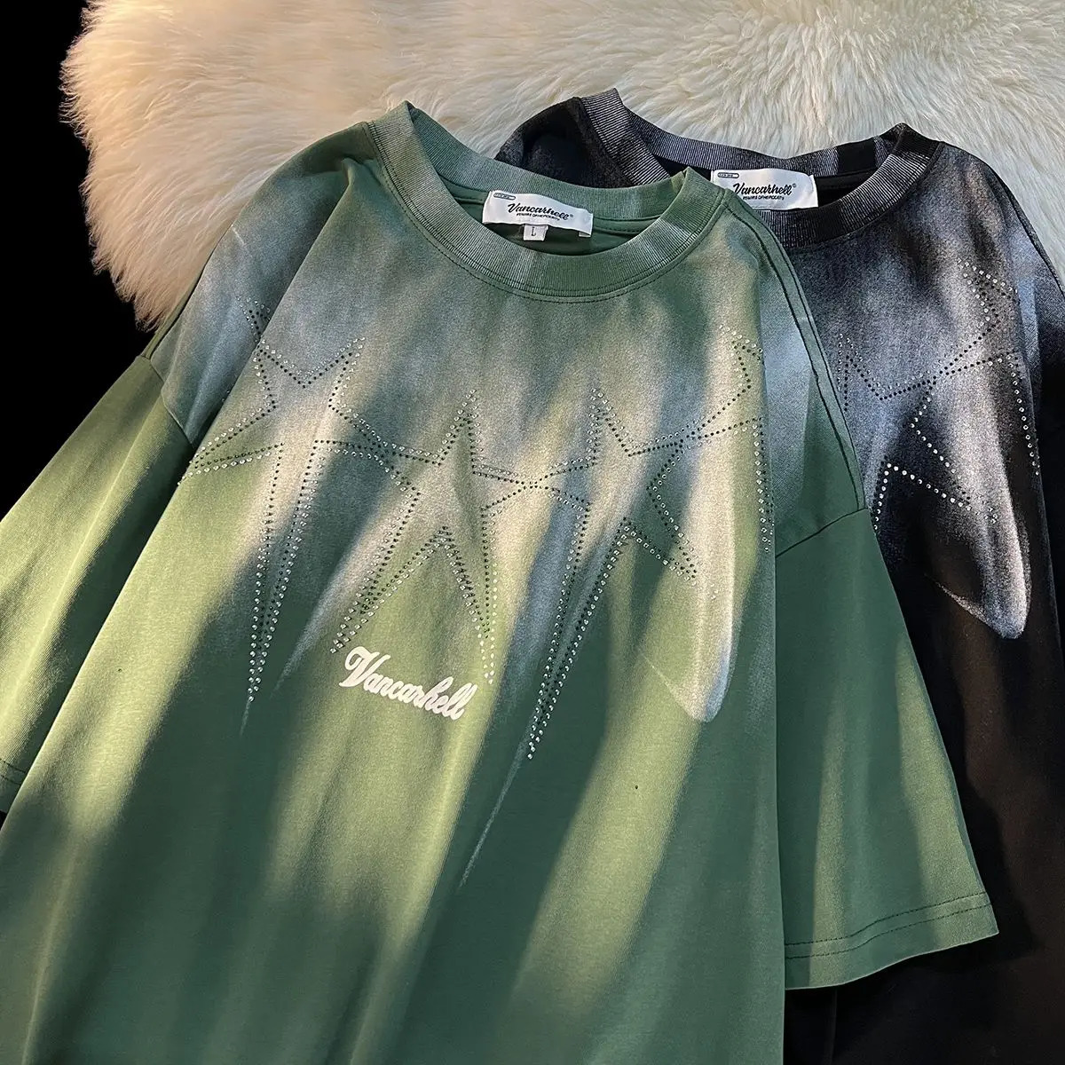 American retro star print gradient color womens Tshirt Plus size street trend cool top 2024 summer Y2k 250430Z