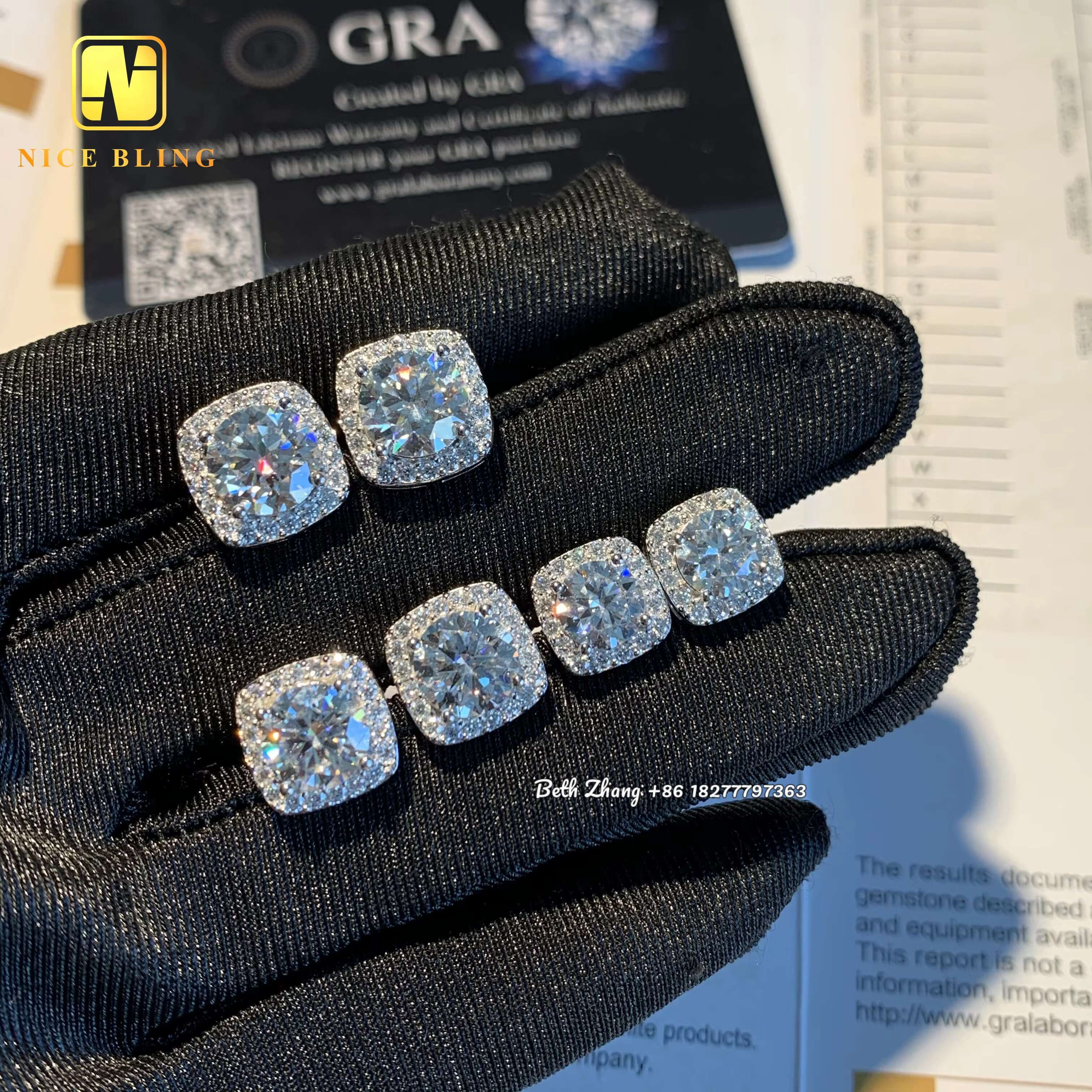 Square Halo Earrings VVS Moissanite Diamond Studs 925 Silver Hip Hop Jewelry Pass Diamond Tester Engagement Earrings for Men