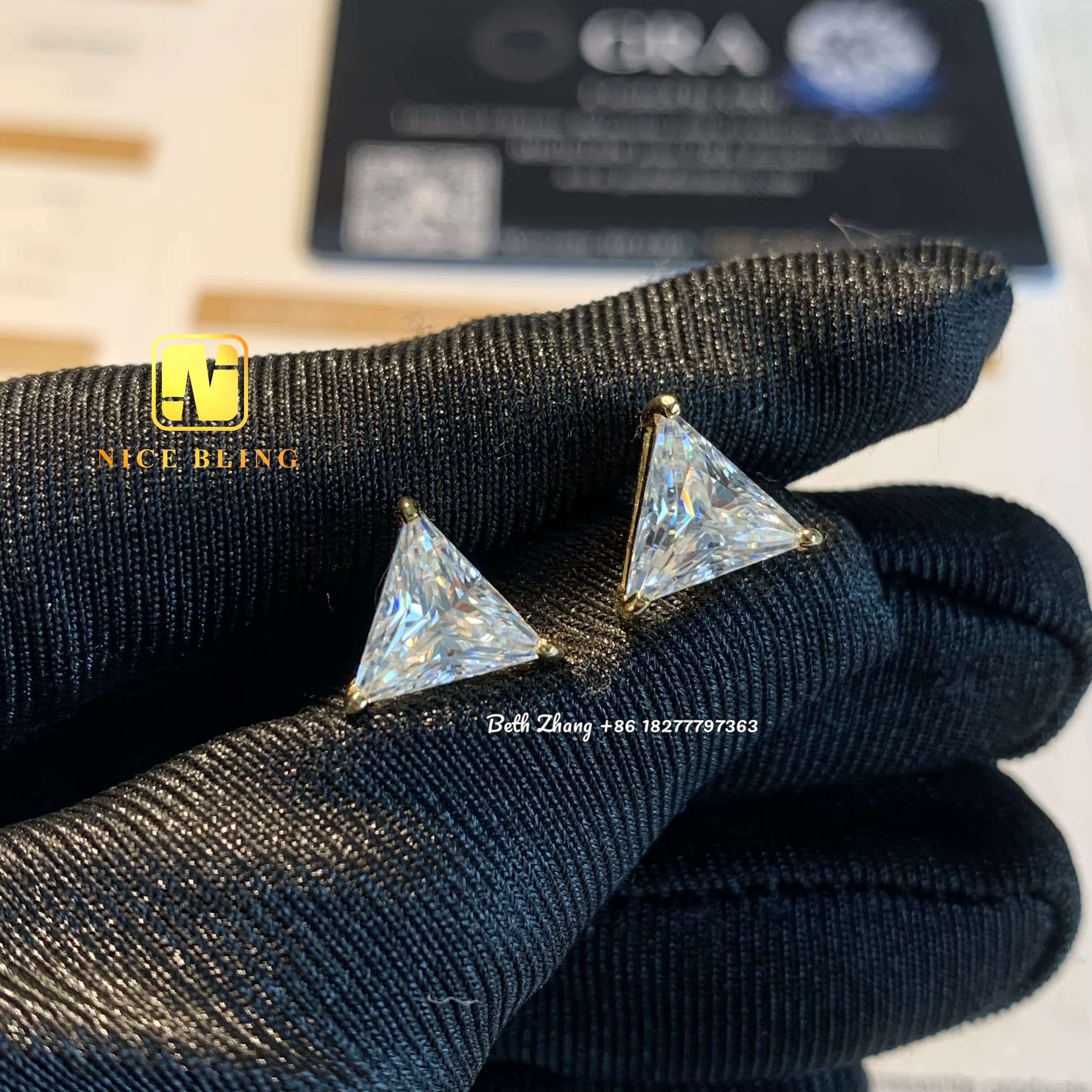 Chic Unisex Moissanite Hoop Studs | Rhodium-Coated Triangle Design with Sparkling Jewels