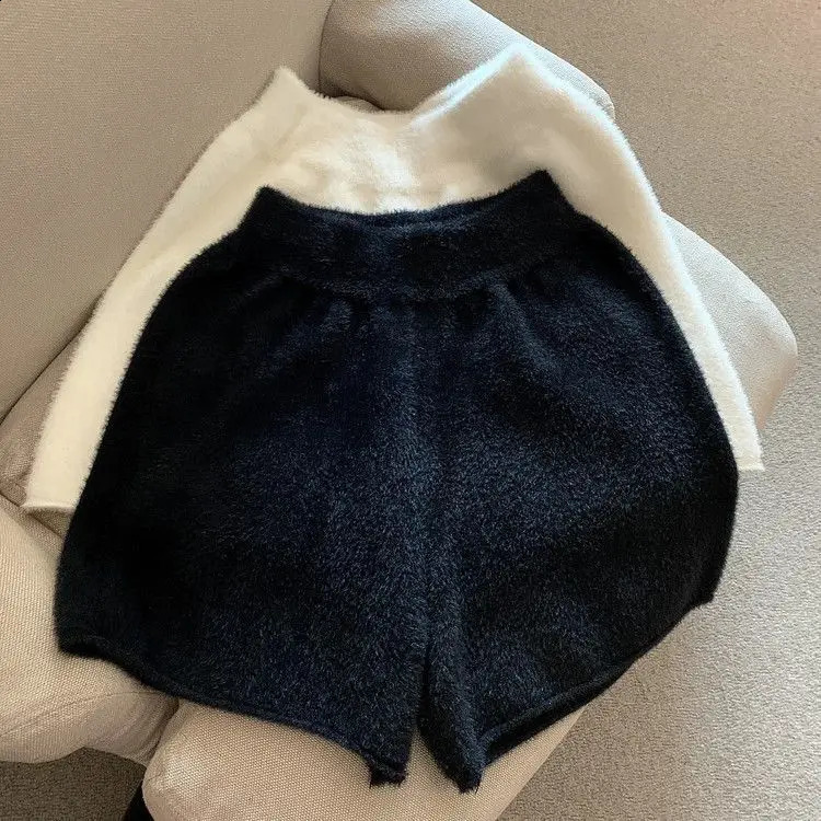 Mink cashmere high waisted shorts with wide legs Cortos De Mujer 2025 spring loose Y2k black knitted bottom womens underwear 250430e