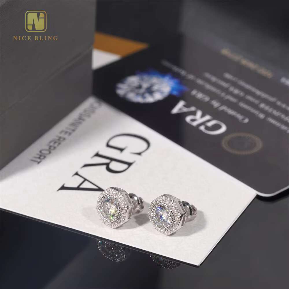 Full Iced Out Ear Studs Hip Hop Jewelry Women Gold Plated 925 Sterling Silver VVS Moissanite Diamond Stud Earring for Women
