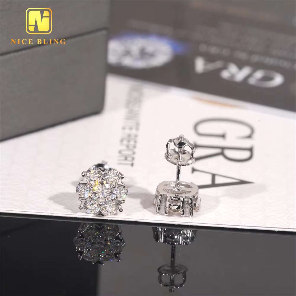 Bling Fine Jewelry Stone Sterling Sier Moissanite Stud Big Flower Earrings