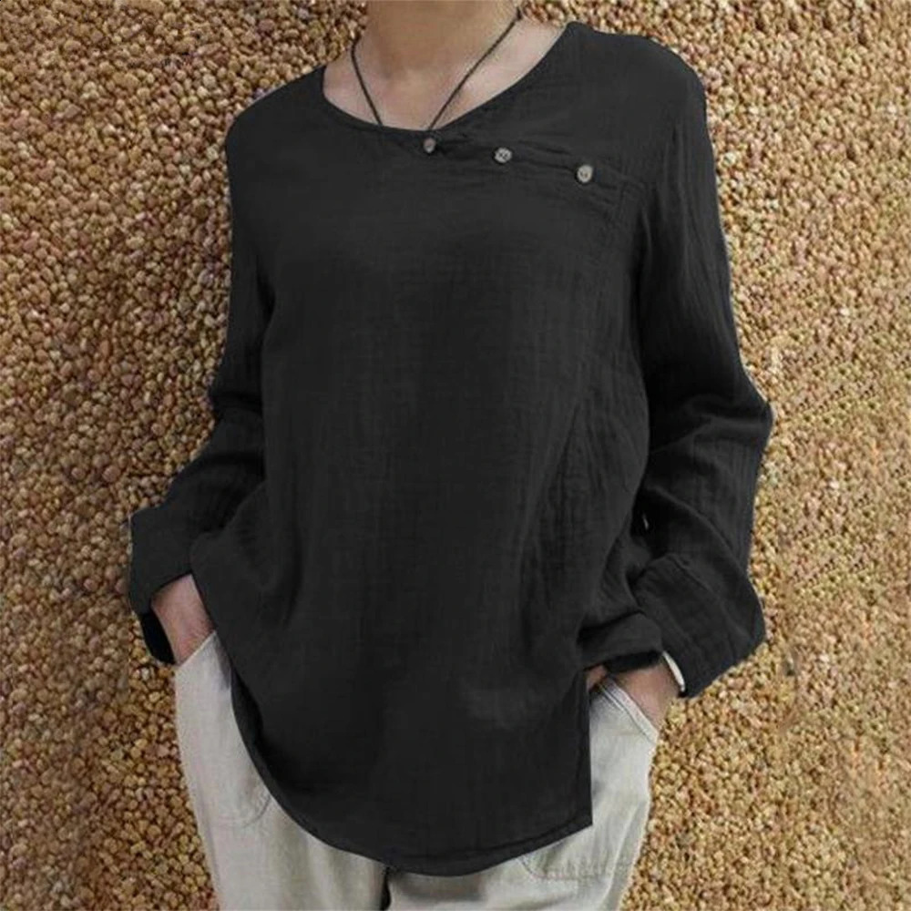 Womens pure cotton linen long sleeved shirt top womens casual loose Tshirt plus size solid clothing 2024 250430Z