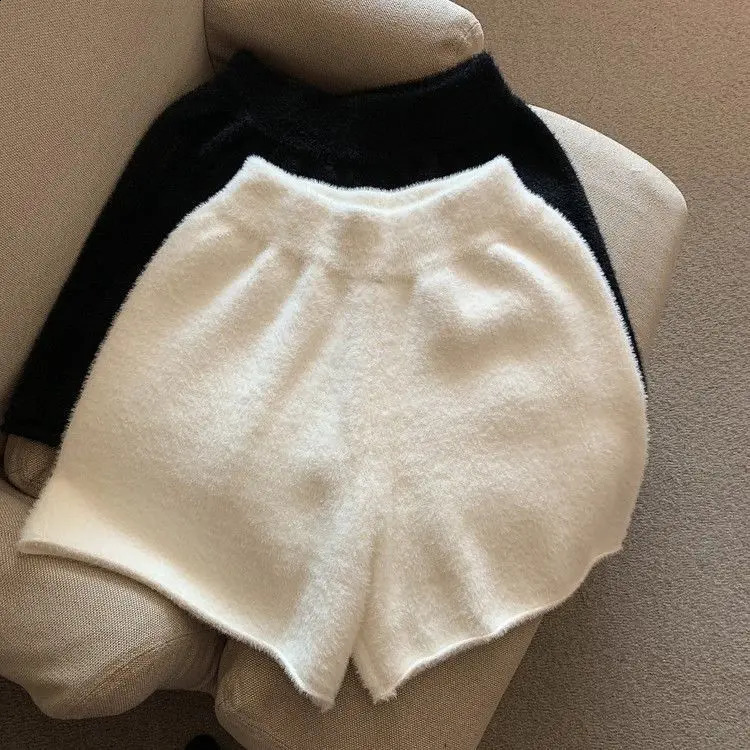 Mink cashmere high waisted shorts with wide legs Cortos De Mujer 2025 spring loose Y2k black knitted bottom womens underwear 250430e