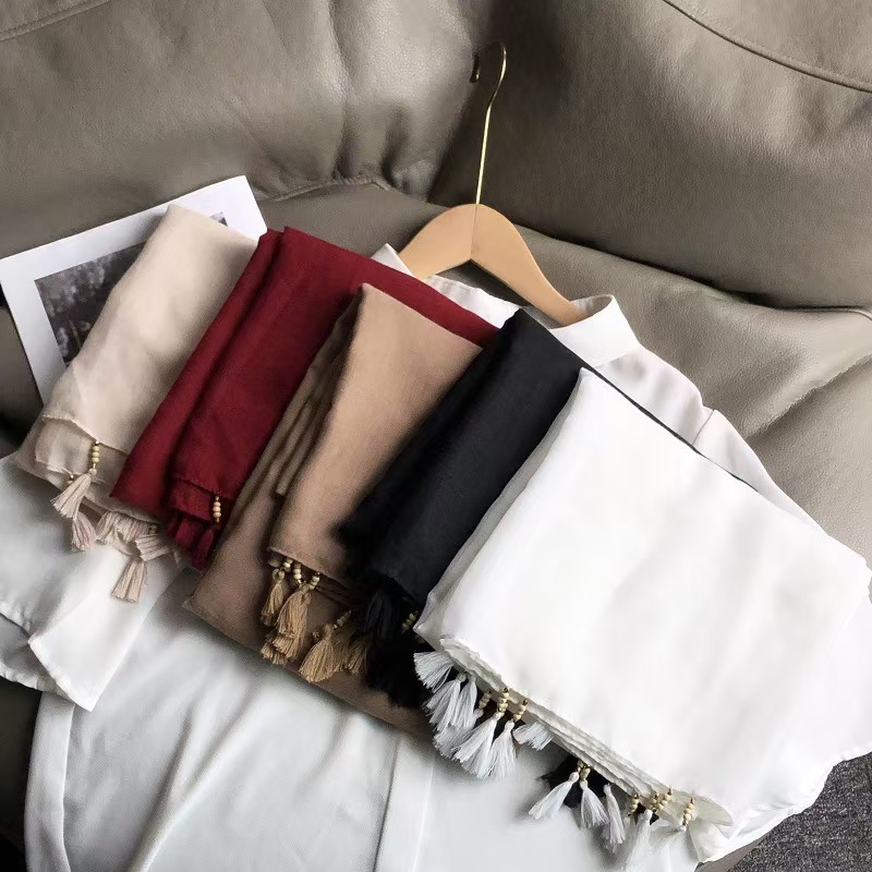 T631 cotton and linen scarf female summer sun protection shawl outer wear thin solid color wooden beads oversized scarf air-conditioned room neck prot