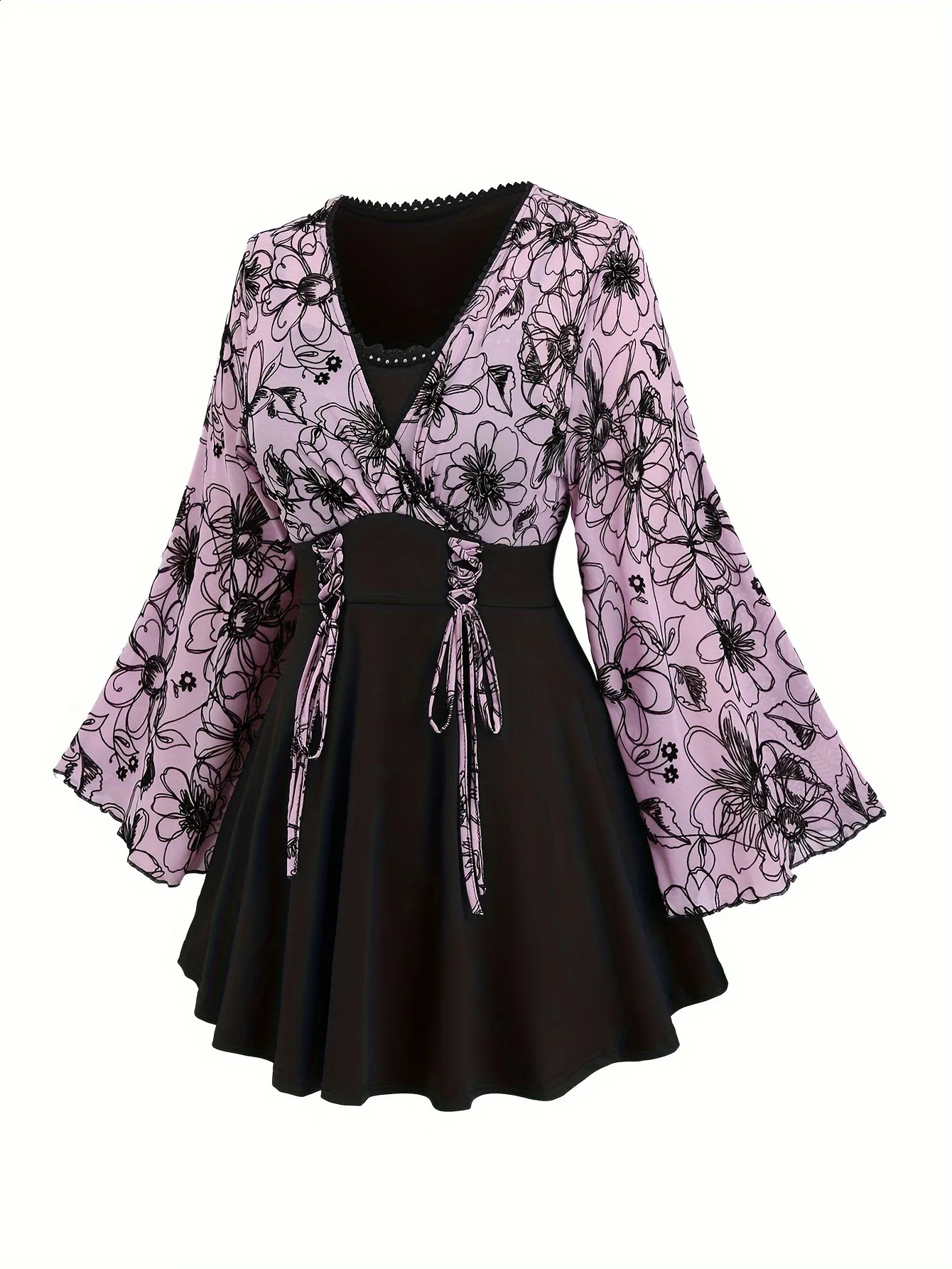 European and American plus size womens floating sleeve floral mesh lace stitched top 250430Z