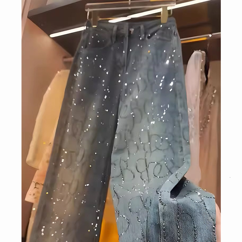 2025S designer pants hot pressed denim jeans for women spring 2025 new design high waist heavy industry bright diamond loose straight wide leg floor p