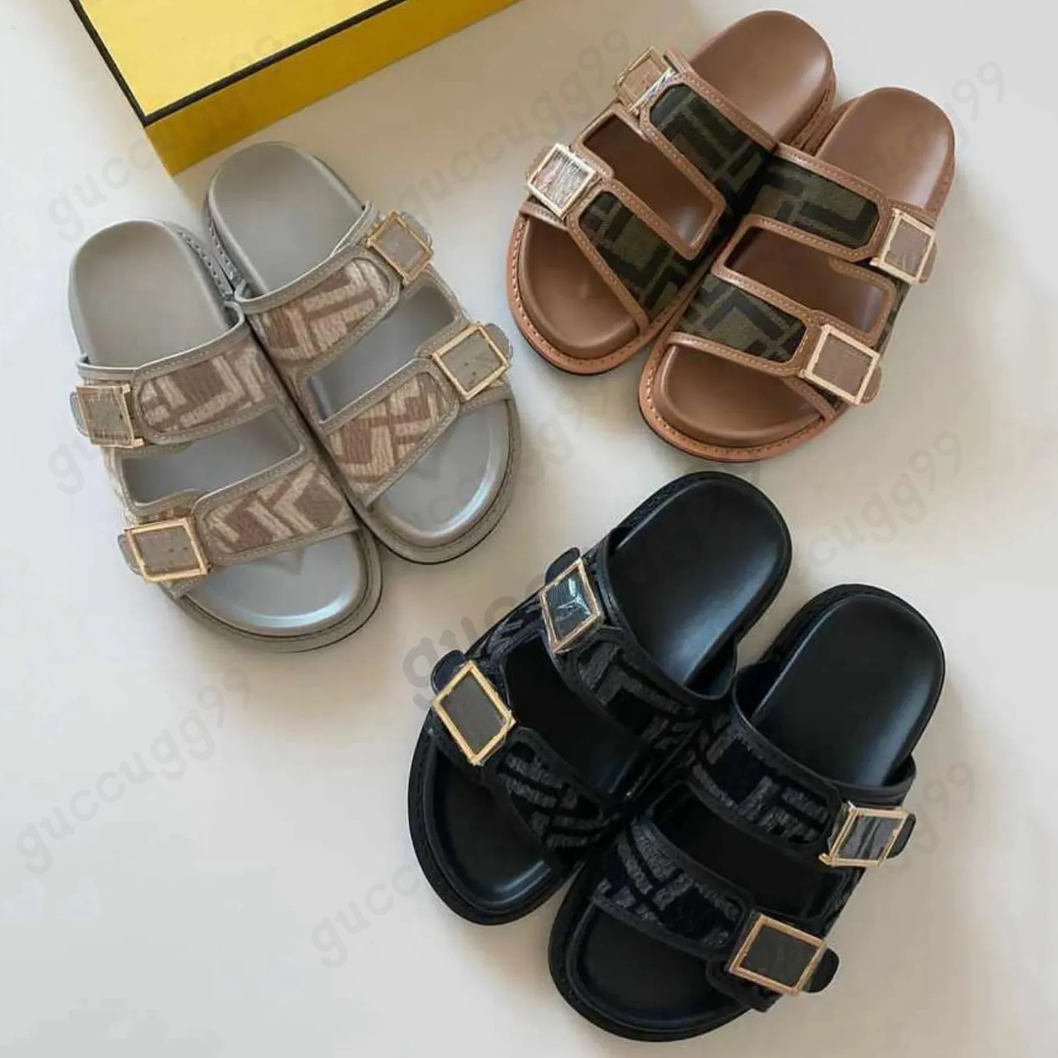 Sandale Designers Sandals For Women Fashion Summer Slides Classic Strap Buckle Flat Leather Canvas Letter Rubber Slippers Beach Shoes Size 35-42