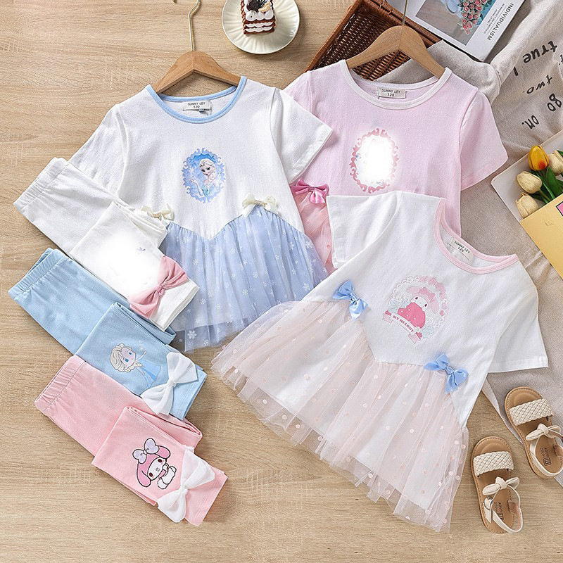 DISNEY Frozen Elsa princess infant designer clothes Summer sheer set for girl baby girl pure cotton short-sleeved two-piece set Comfortable and soft.