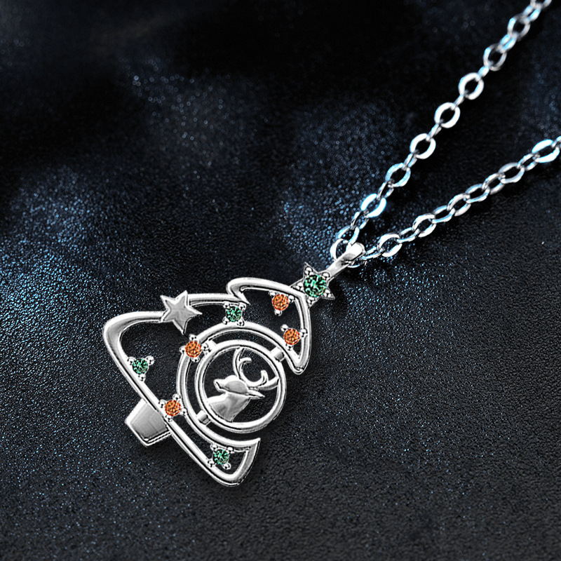 925 Sterling Silver Christmas Tree Necklace with Reindeer Pendant, Colorful Cubic Zirconia, Festive Jewelry Gift for Her