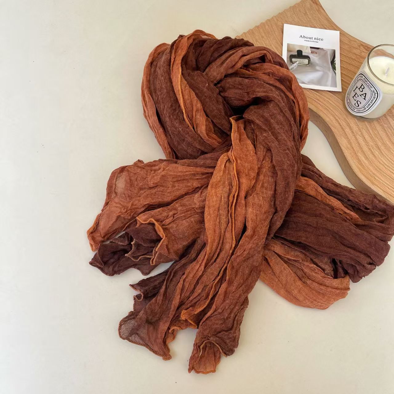 T639 cotton and linen shawl Korean style literary fresh retro color matching gradient color fashion all-match trendy pleated long scarf