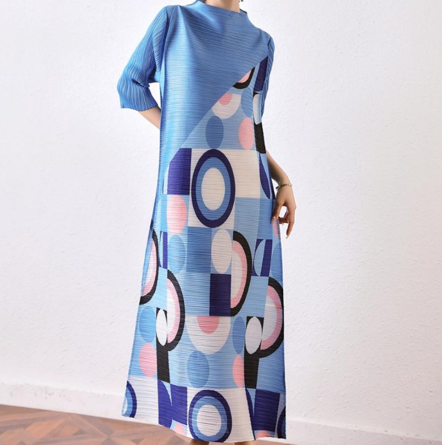 Casual Dresses Pleated Dress For Women 2023 Summer Fashion Geometry Pattern Printed Elegant High-Grade Loose Plus Women's