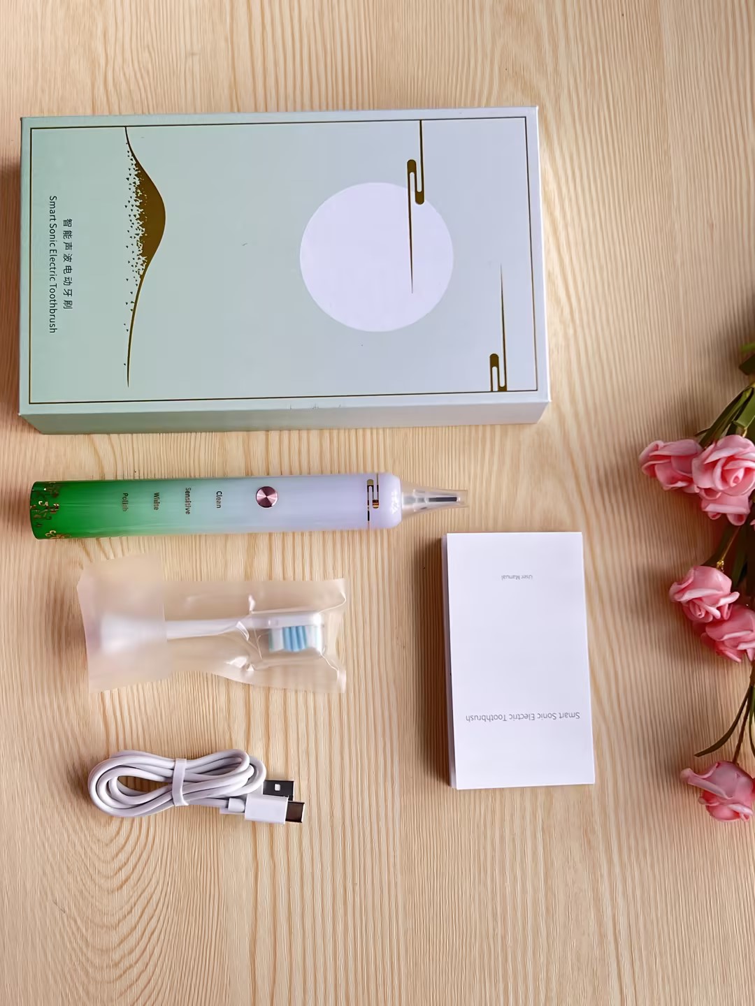 Chinese Style Teenager Electric Toothbrush Waterproof Rechargeable Smart Toothbrush Electrical with Blue Floral Design