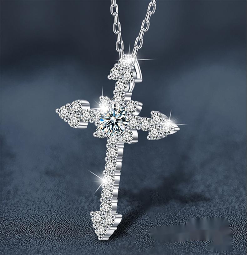 Luxury Statement Piece: Genuine Sterling Silver Moissanite Cross Neckpiece Adorned with Sparkling Stones