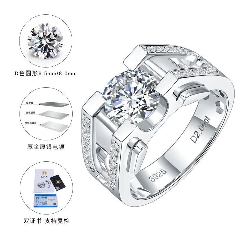925 Sterling Silver Men's Wedding Ring, 2 CT D Color VVS1 Moissanite, Classic Design Engagement wedding Business scholar Boss Ring
