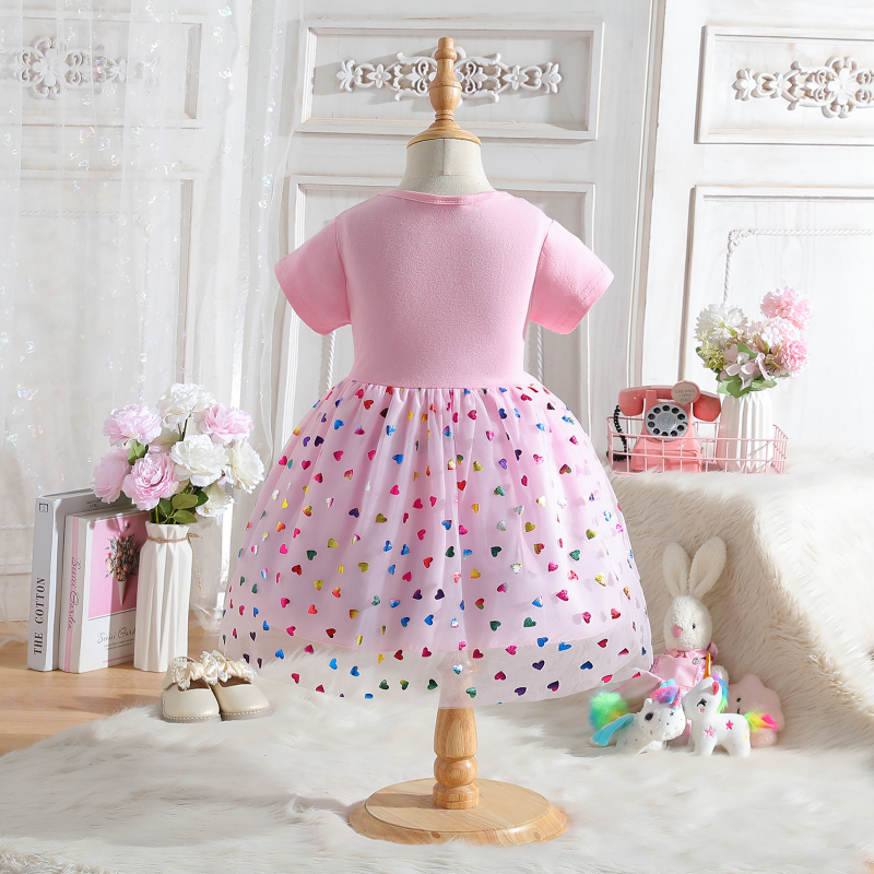 DISNEY Elsa princess dress baby clothes Children's summer dress cartoon print short sleeves and mesh princess dress.