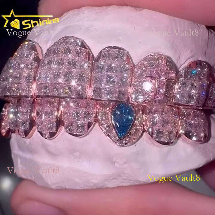 Hop Iced Out Invisible Setting Princess Cut Custom Solid Sier Rose Gold VVS Moissanite Dia Grillz
