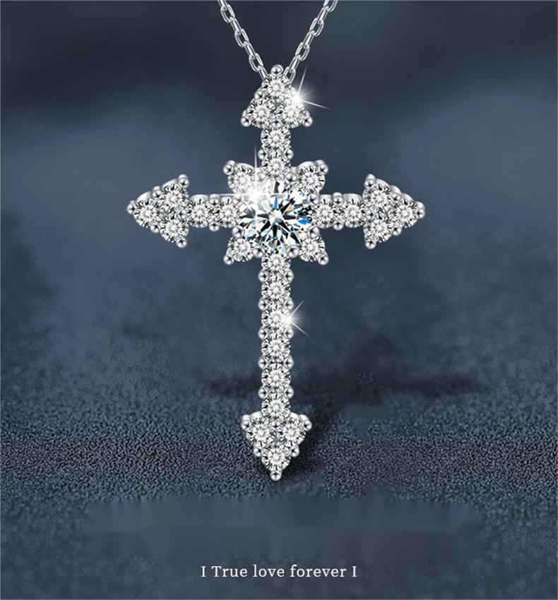 Luxury Statement Piece: Genuine Sterling Silver Moissanite Cross Neckpiece Adorned with Sparkling Stones