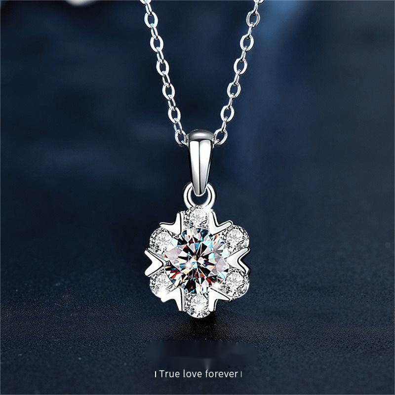 Snowflake Moissanite Necklace 925 Sterling Silver Pendant | White Gold Dainty Clavicle Chain for Women | Gift for Girlfriend