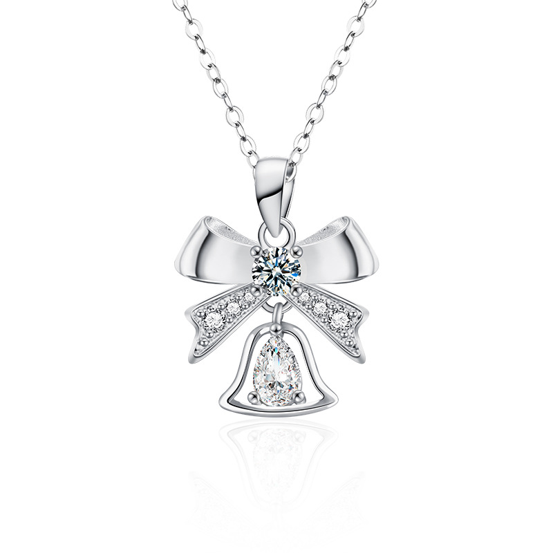 Elegant Bow and Bell Pendant Necklace in S925 Silver with Moissanite - Festive Holiday Charm Jewelry Gift for Women