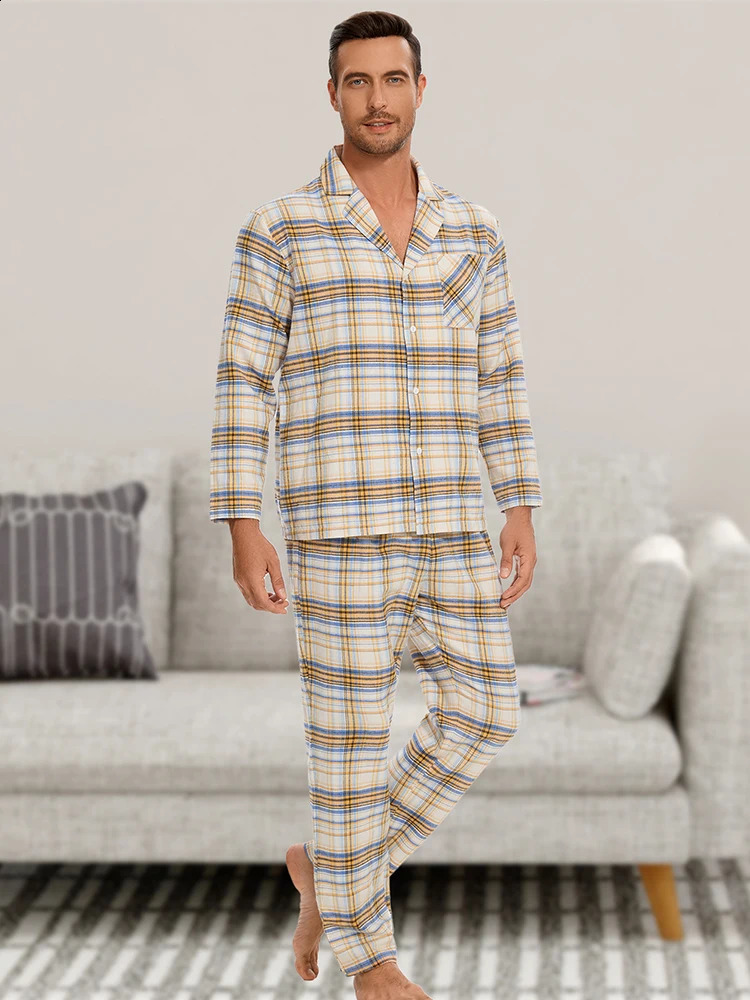 Mens Pajama Set AutumnWinter Fashion Checkered Flannel Printed Long Sleeve Casual Home Wearing 2piece Soft Lounge y250427
