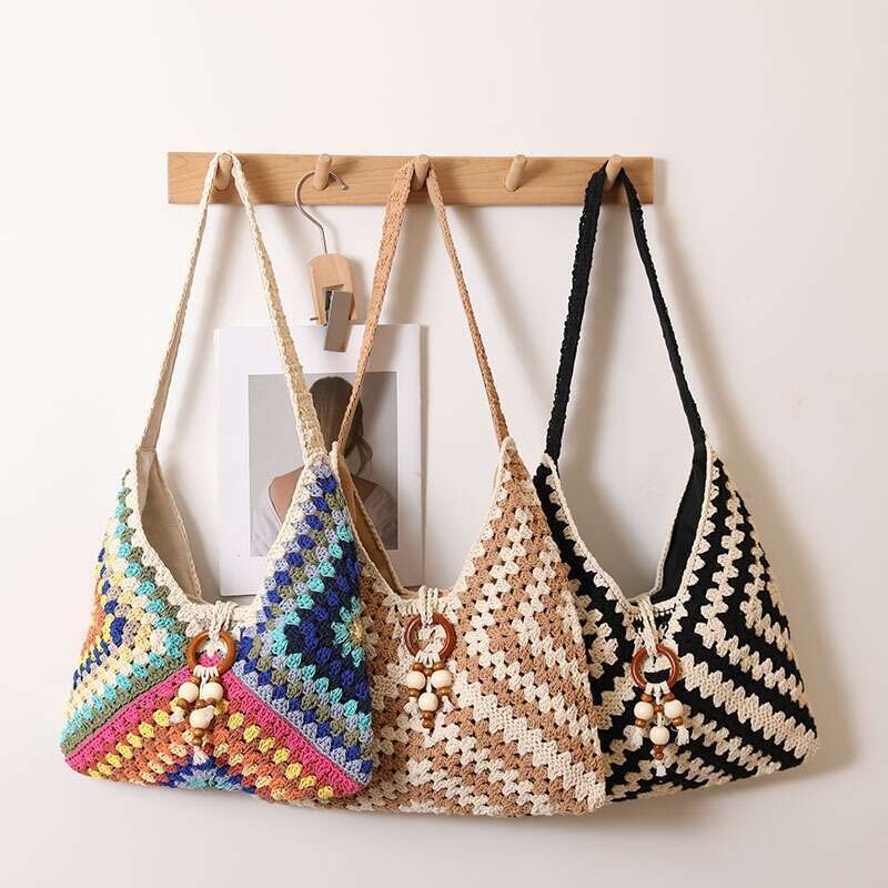 Summer Woven Bag Beach Bag Ethnic Single Shoulder Cotton Thread New Color Grandmother Grid Grass Woven Vacation Style Beach Bag Versatile Women S Bag 